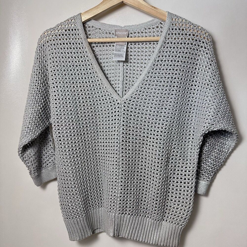 Chicos Sweater VNeck Silver Metallic Coated Open Knit Casual Beachy Nautical S